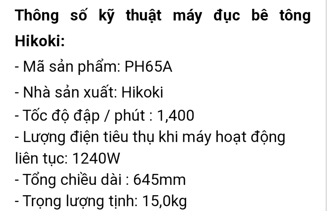 Thông số kỹ thuật máy đục Hitachi PH65A 