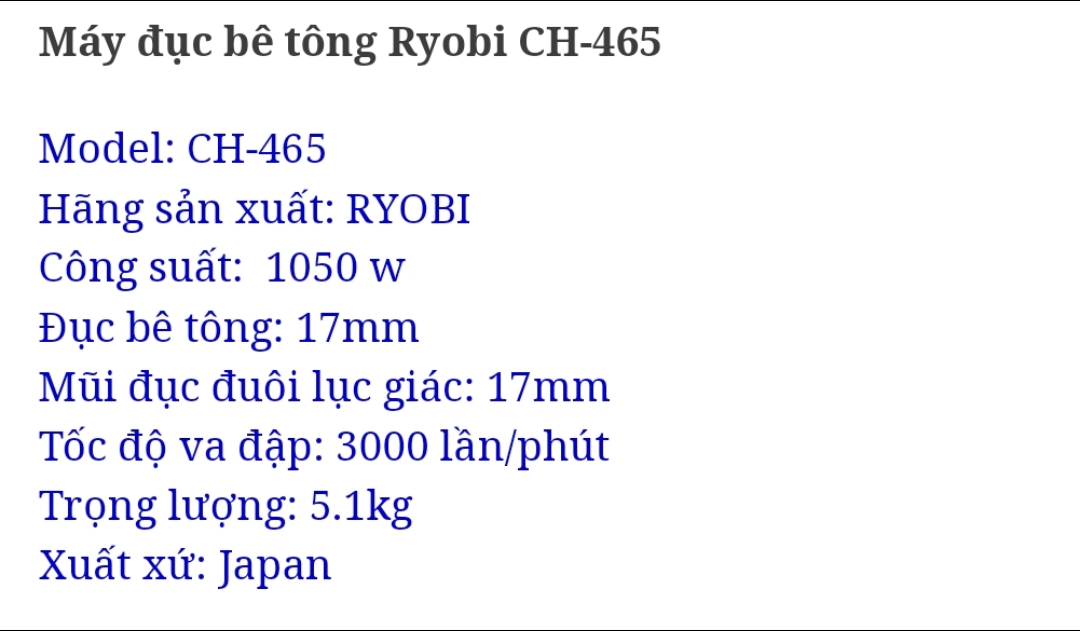 Thông số kỹ thuật máy đục 17ly ryobi 