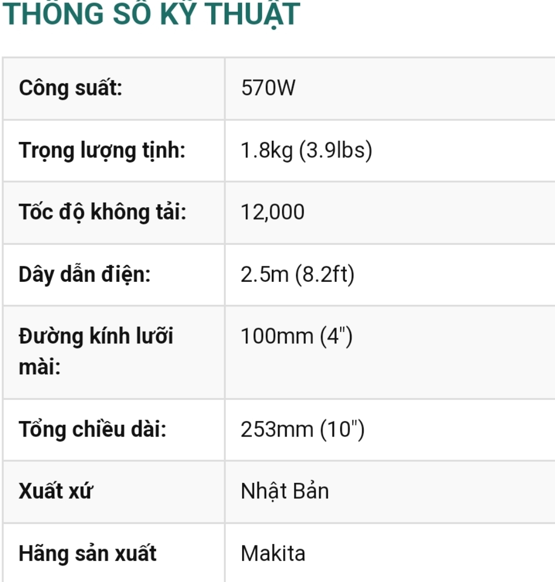 Thông số kỹ thuật máy mài góc Makita 9500NB