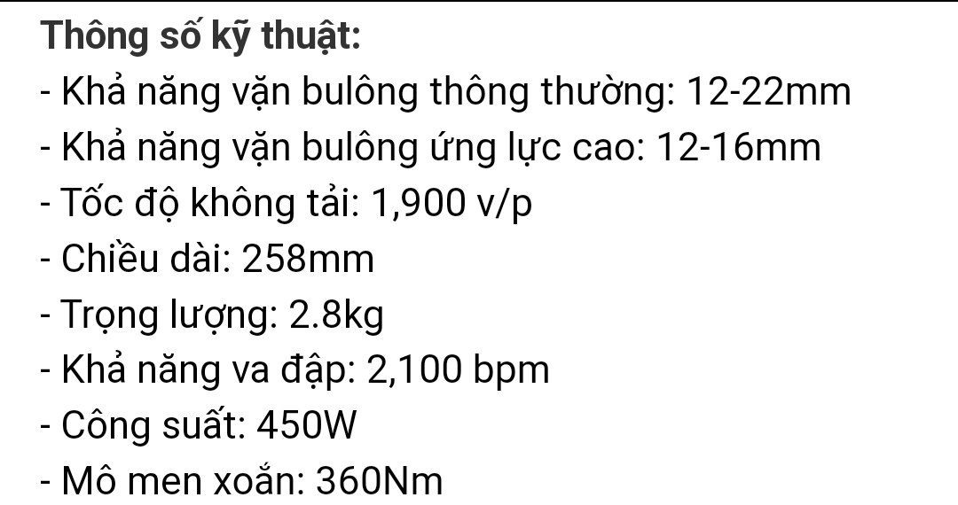 Thông số kỹ thuật máy siết ốc bulong Hitachi đầu 1/2