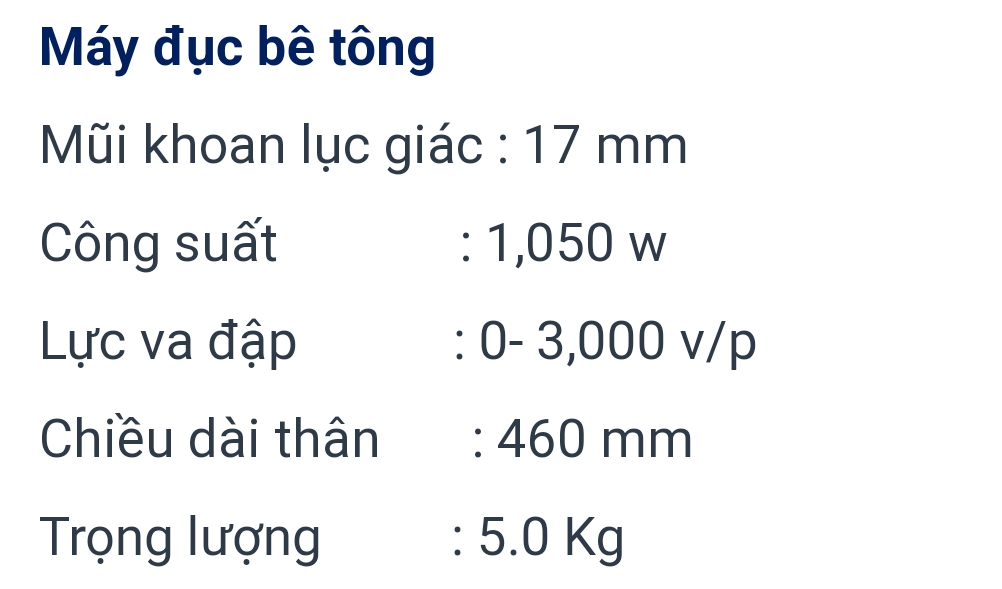 Thông số kỹ thuật máy đục Hitachi H41sa 